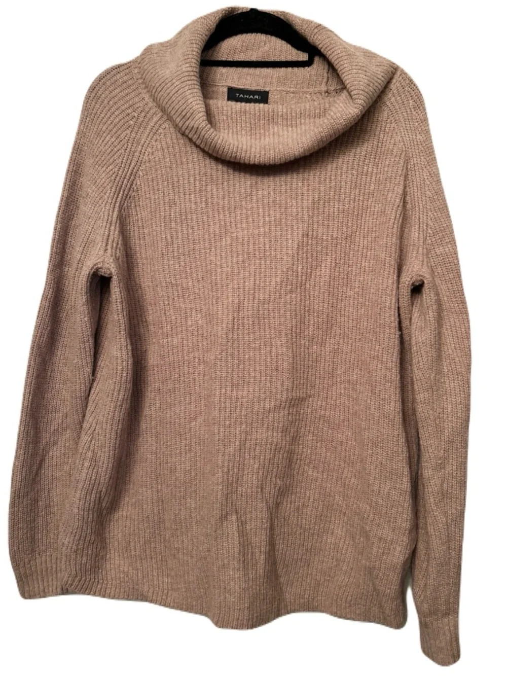 TAHARI Merino Wool Blend Cowl Neck Sweater Sz L Beige Tan Ribbed Cozy Luxe Knit - Picture 13 of 15